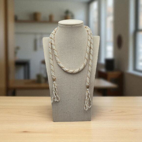 Pearl Beaded Tassel Necklace Long Rope Flapper Style Vintage Jewelry - Picture 2 of 8